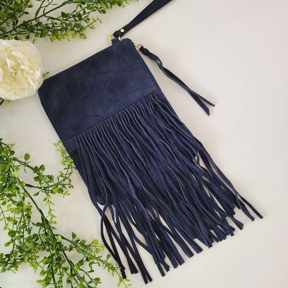 Banana Republic navy blue Italian suede leather fringe pouch - Picture 11 of 11